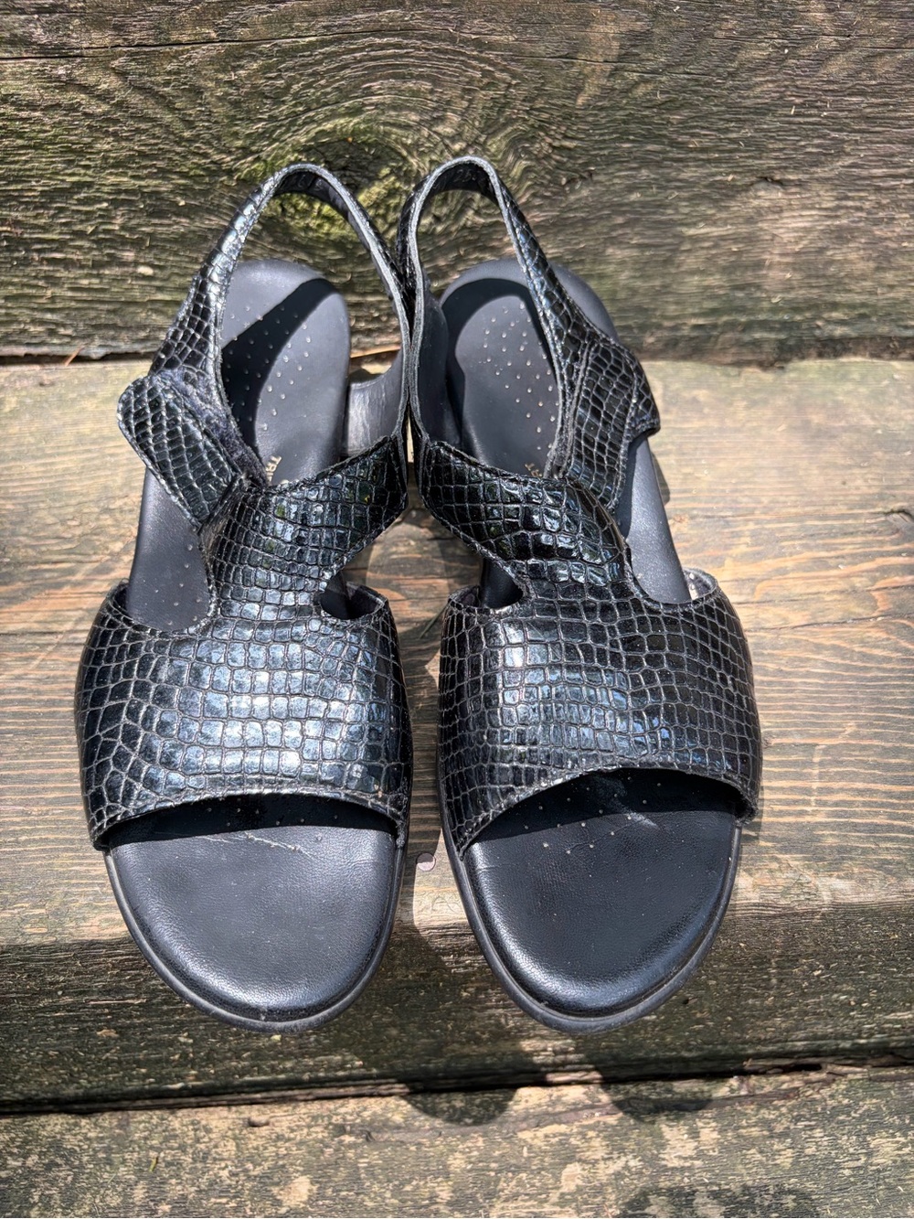 SAS Suntimer Black Croc-Embossed Slingback Sandals